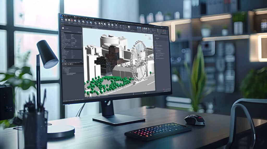 A computer screen showing a snapshot of Autodesk Revit. Showing a building with floorplans. 