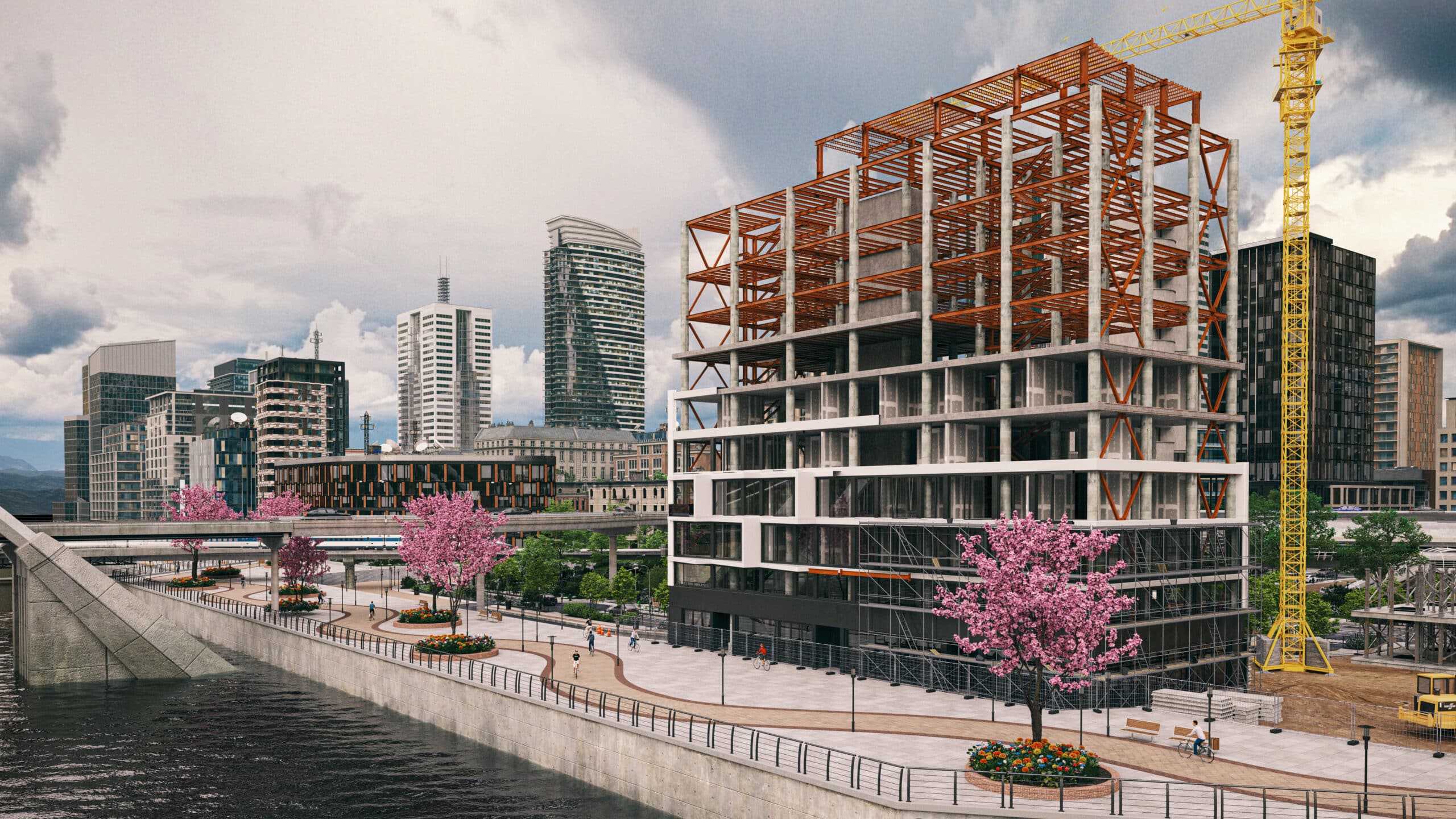 Colourful landscape of a half constructed office block produced using Autodesk AEC Collection software with realistic trees and crane.