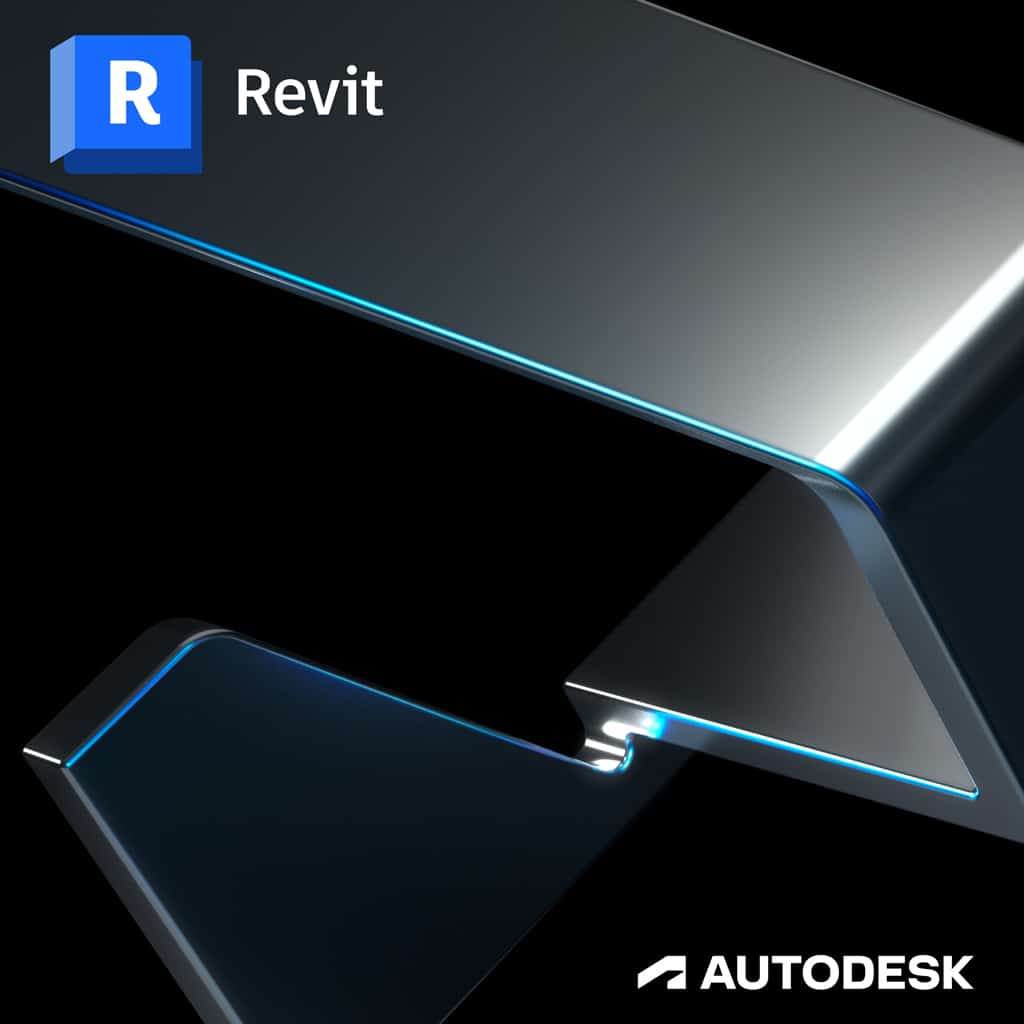 Revit Product badge from Autodesk. Black and blue image with Autodesk Revit logo in top left corner