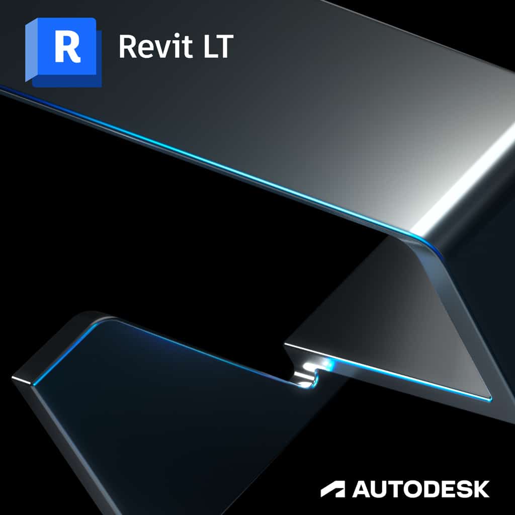 Revit LT product badge from Autodesk. Black and bright blue image with Revit LT logo in top left corner